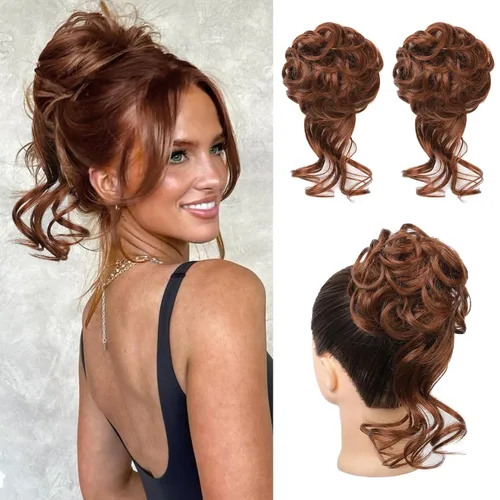 Vista 39 de HOOJIH 2 piezas de extensiones de cabello estilo moño despeinado, extensiones de cabello rizado y ondulado con tiras, cola de caballo, horquillas