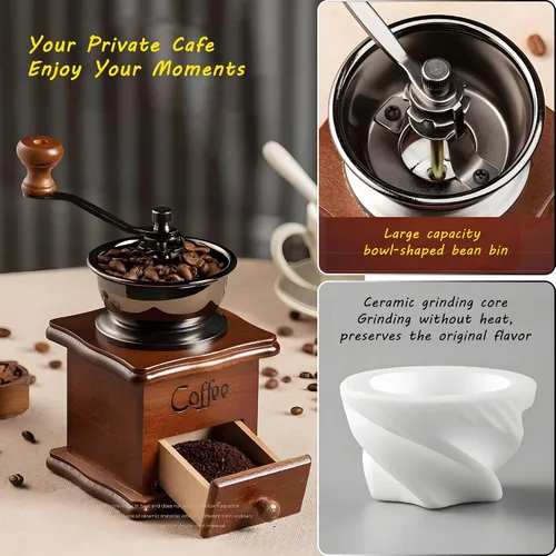Vista 3 de Molinillo de café manual portátil, molinillo de café de madera maciza vintage con engranaje ajustable de precisión y rebabas cónicas de cerámica que