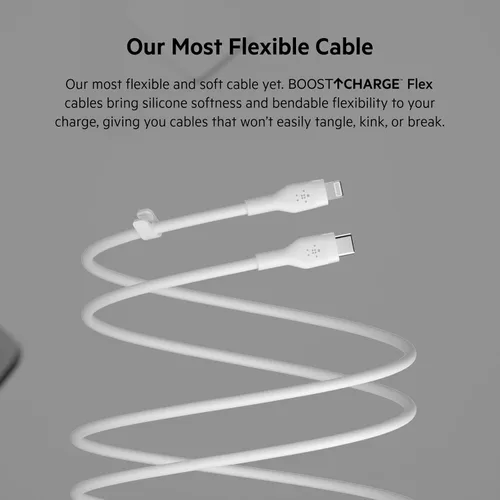 Vista 2 de Belkin BoostCharge Flex Cable USB-C a Lightning de silicona (3.3 ft/3.3 pies), cable de carga certificado MFi para la serie de iPhone con clip