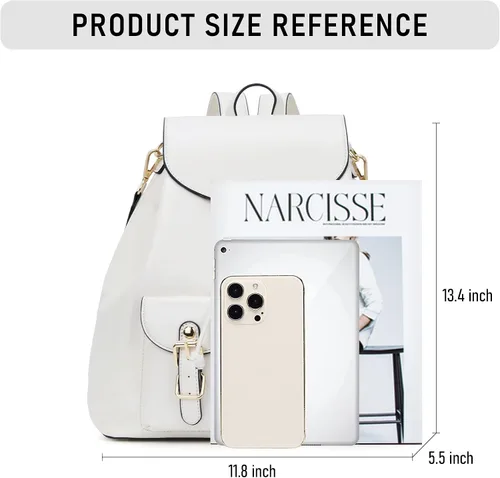 Vista 4 de Chinllo Mochila para mujer, de cuero vegano, a la moda, mochila escolar, diseño multiusos, Solapa blanca, Casual