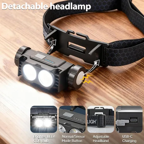 Vista 3 de Paquete de 6 faros recargables, 5000 L, luz LED súper brillante, recargable, 3 modos, linterna desmontable y lámpara de cabeza impermeable