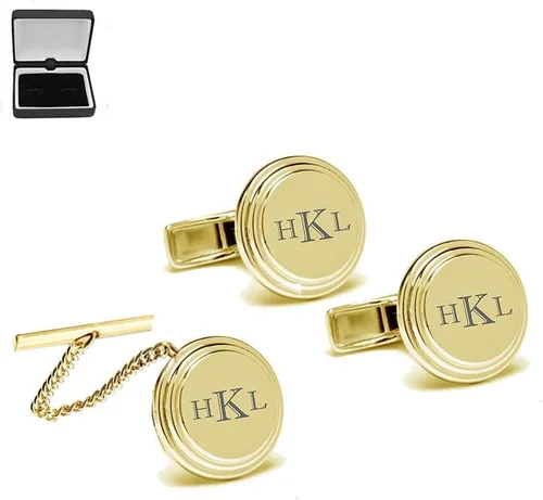 Vista 2 de Gemelos de círculo biselado de oro personalizado y cadena de alfiler de corbata, monograma personalizado grabado gratis, tachuela de corbata - Se