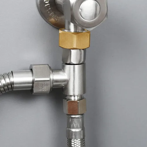 Vista 2 de Adaptador en T para bidé, válvula de tope angular de acero inoxidable de 3/8 pulgadas para línea de suministro de inodoro, níquel cepillado, KTS002NA