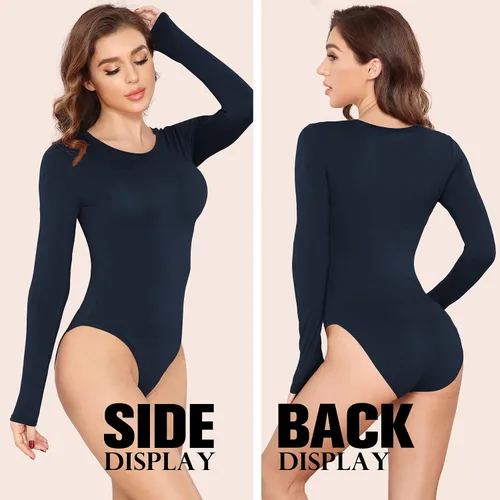 Vista 4 de LAOLASI Body de manga larga con cuello redondo para mujer, ajustado, básico, extensor