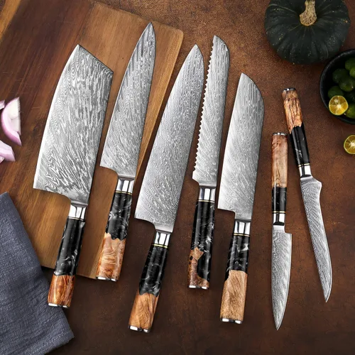 Vista 8 de SENKEN Juego de 7 piezas de cuchillos de cocina de Damasco - Colección Tsunami - Acero VG10 japonés de 67 capas - Cuchillo de chef, cuchillo