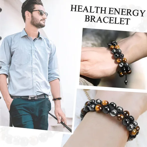 Vista 4 de Denchy Triple Protection Bracelet, Tigers Eye - Black Obsidian and Hematite Beaded Bracelets for Men Women, Tourmaline Spiritual Natural Crystal