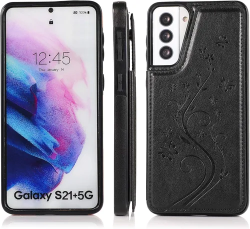 Vista 4 de Funda de teléfono para Samsung Galaxy S21 Plus Glaxay S21+ 5G con protector de pantalla de vidrio templado, tarjetero y tarjetero con soporte