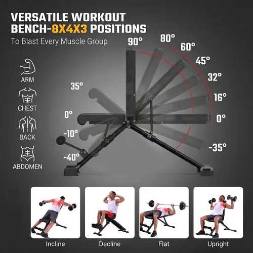 Vista 3 de OPPSDECOR Adjustable Weight Bench, 900LBS Capacity, 8+4+2 Positions, 18.5" Seat Height, Easy Assembly Foldable Workout Bench for Home Gym Strength