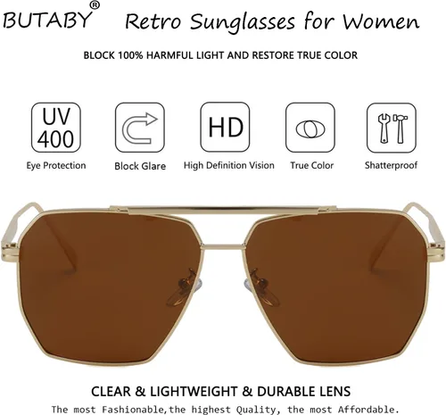 Vista 4 de BUTABY Lentes de sol retro para mujeres y hombres, vintage, de gran tamaño, cuadrados, clásicos, polarizados, marco de metal, UV400