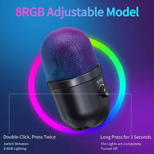 Vista 8 de Micrófono USB para PC – Micrófono para juegos de computadora con iluminación RGB para PS 4 y 5, mezcla de audio dual, silencio, salida