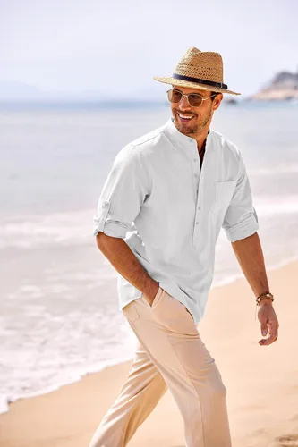 Vista 2 de COOFANDY Camisa Henley de algodón para hombre, de manga larga, ajustada, de lino, casual, para verano, playa, hippie