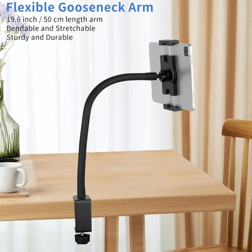 Vista 3 de Soporte para iPad de cuello de cisne, soporte de abrazadera para tableta, escritorio, mesa, cama, silla, atril, brazo ajustable de 360° para cocina