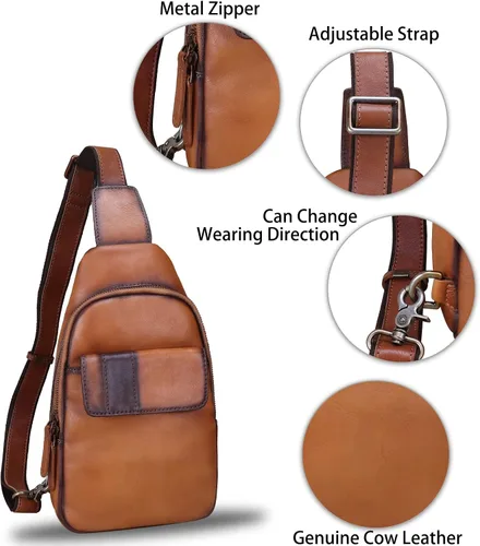 Vista 6 de LRTO Bolso bandolera de cuero genuino - Mochila de cuero hecha a mano para mujeres y hombres - Crossbody, bolsa de pecho