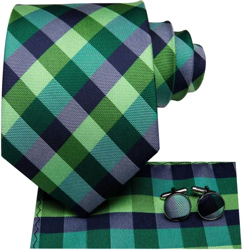 Vista 2 de Hi-Tie Corbata clásica de cachemira para hombre con pañuelo y gemelos a cuadros