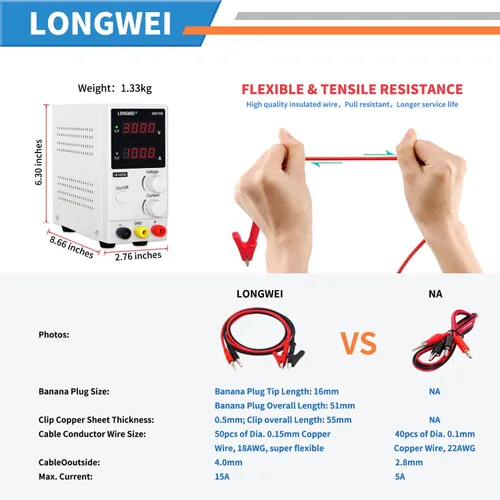 Vista 5 de LONGWEI Fuente de alimentación CC variable 30V 10A, pantalla LED 4-digital, fuente de alimentación de conmutación regulada ajustable de precisión