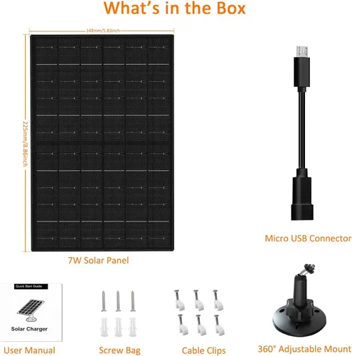 Vista 7 de Zivif Panel solar para cámara de seguridad, cargador solar de 7 W con puerto micro USB y USB-C, panel solar USB C impermeable IP65 para cámaras