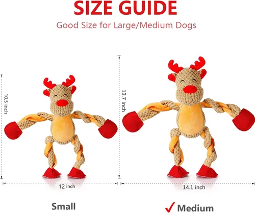 Vista 3 de Senneny Juguetes Navideños para Perros, Peluche de Reno Chirriante con Cuerdas para Tirar de la Cuerda, Juguetes de Masticar Interactivos Duraderos