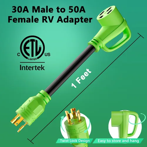 Vista 2 de Cable adaptador de generador RV de 30 amperios a 50 amperios, enchufe macho de bloqueo giratorio NEMA L5-30P a receptáculo hembra NEMA 14-50R
