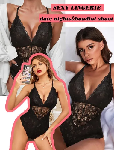 Vista 4 de Avidlove - Lencería para mujer, body con cierre a presión en la entrepierna, con encaje sexy en contraste, babydoll, una pieza, lencería tipo Teddy