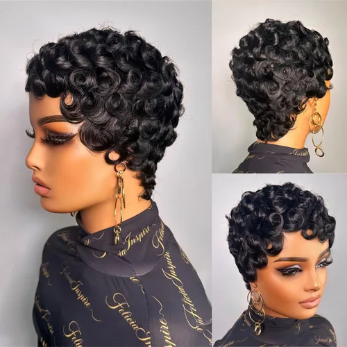 Vista 8 de YJOQOKOA Peluca corta de cabello humano estilo Bob para mujeres negras, pelucas de cabello humano con corte Pixie, sin pegamento, sin encaje