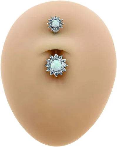 Vista 6 de Excepro Anillos para el ombligo 316L quirúrgico SS 14G blanco azul sol flor CZ ópalo joyería corporal anillos brillantes ombligo