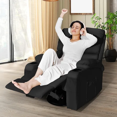 Vista 2 de LEVELEVE Silla reclinable mecedora, silla reclinable de masaje con masaje por vibración y calor, sillas giratorias de piel sintética de 360°, sala