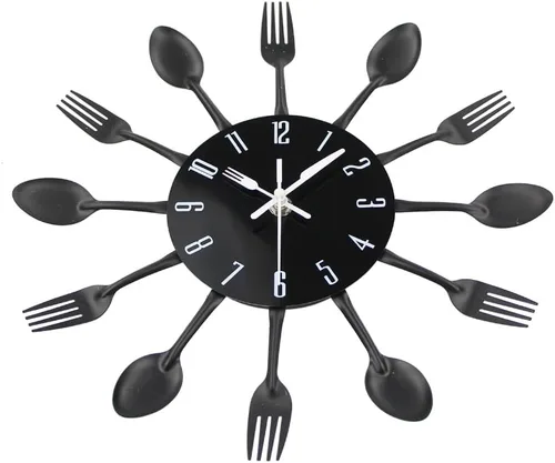 Vista 4 de Reloj de pared de cocina Timelike, reloj de cocina de cubertería 3D extraíble moderno creativo, cuchara y tenedor, reloj de pared con espejo Negro