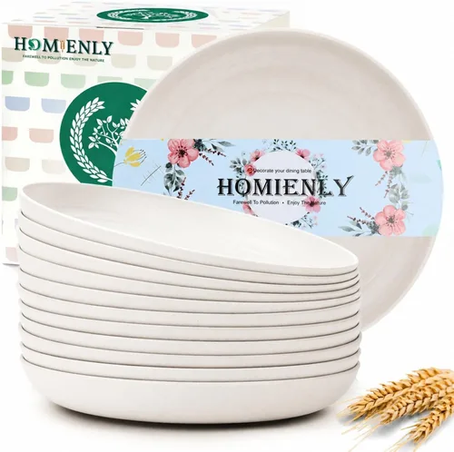 Vista 12 de Homienly Party Plates 12 PCS Wheat Straw Deep Plates 9 Inch Plastic Plates Alternative for Salad,Pizza,Hamburger,Unbreakable Kitchen Plates for
