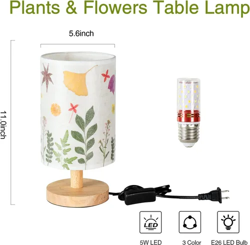 Vista 6 de Lámpara de mesa con flores prensadas, 5 W, LED, 3 temperaturas, flores secas, lámpara de noche, pantalla de lino con base de madera