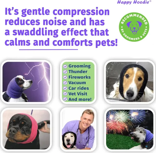 Vista 3 de Happy Hoodie The Original Dog & Cat Calming Band – Marca americana – Alivio de la Ansiedad/Protección de Ruido, Aseo, Thunder-Fireworks Paquete de 2
