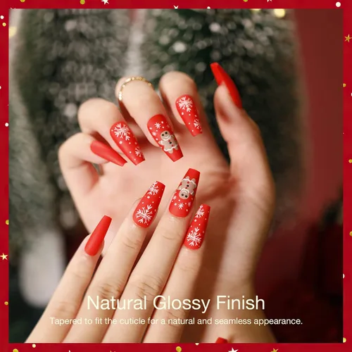 Vista 3 de Año Nuevo Navidad Prensa en Uñas Largas Ataúd Acrílico Uñas Falsas Kit Navidad Copo de Nieve Decoración de Uñas Falsas Bailarina Uñas Falsas Puntas