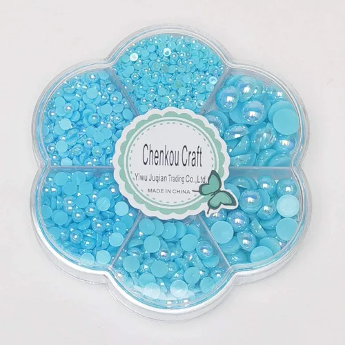 Vista 3 de Chenkou Craft - 1 caja con 3000 mitades de perlas, cuentas circulares con inferior plano, gemas sueltas (Media bola azul)