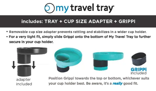 Vista 6 de My Travel Tray Round, fabricado en Estados Unidos. Convierte el portavasos existente en bandeja y portavasos para asiento de automóvil para niños