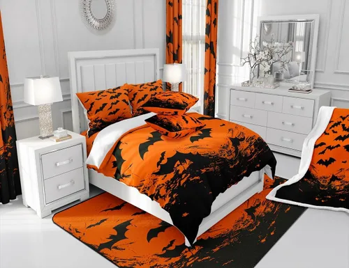 Vista 6 de Funda de edredón con diseño de murciélago, juego de ropa de cama de murciélago negro y naranja, funda de edredón temática de Halloween
