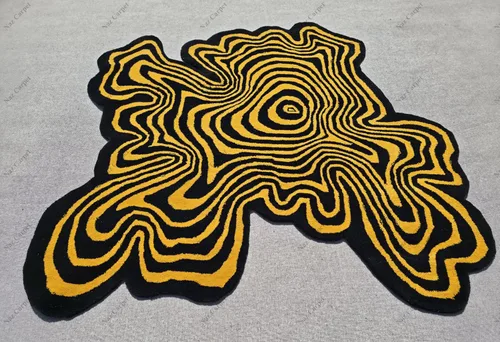 Vista 4 de Alfombra de forma irregular con patrón de ilusión copetuda a mano, 100% lana, hecha a mano (color multicolor, 4 x 4 pies)