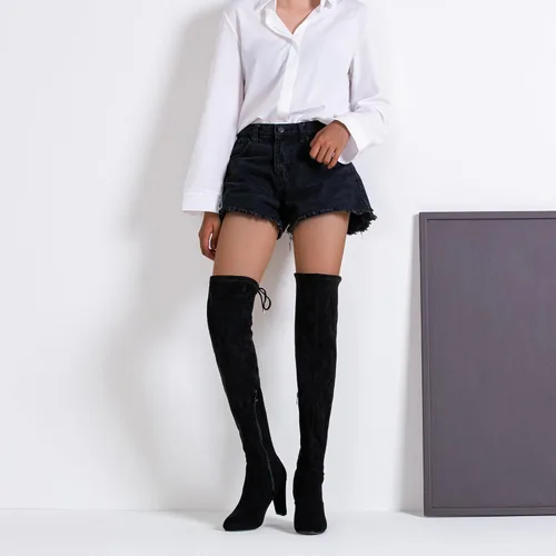 Vista 2 de Botas de gamuza para mujer por encima de la rodilla con tacón de Negro