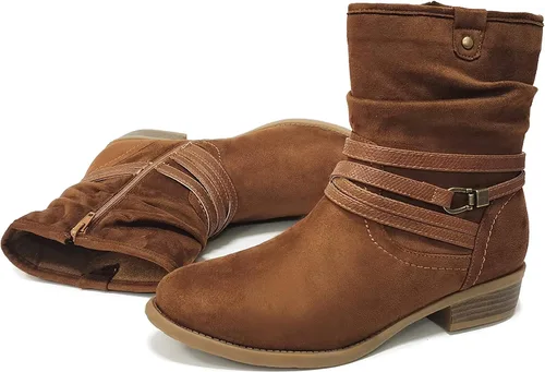 Vista 5 de VJH confort Botas de media pantorrilla para mujer, puntera redonda, tacón bajo, cómodo, holgado, con correa de hebilla y cremallera lateral