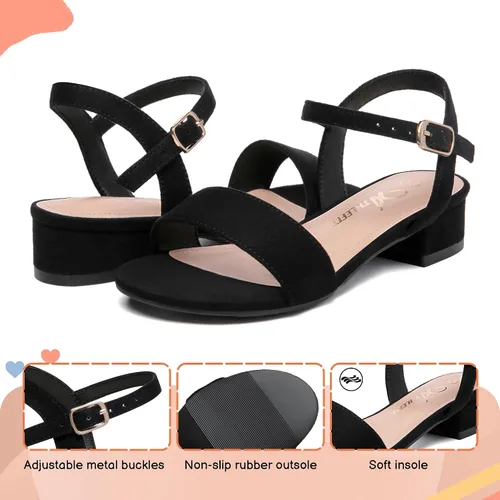 Vista 22 de Athlefit Sandalias para niñas, puntera abierta, correa en el tobillo, tacones bajos, zapatos de vestir para niñas pequeñas y grandes