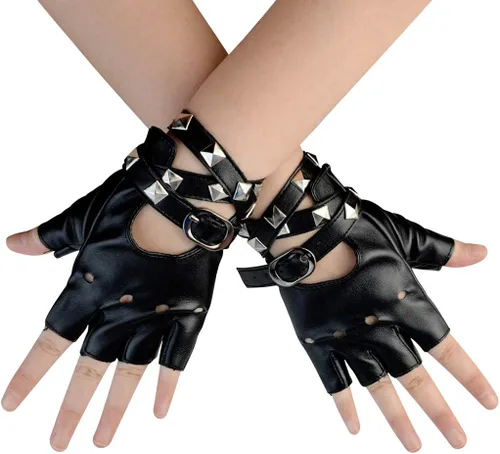 Vista 7 de Guantes de piel sintética con remaches punk, de medio dedo, sin dedos, para mujer