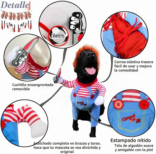 Vista 5 de Disfraz de perro de muñeca mortal para mascotas, divertido disfraz de Chucky de Halloween para perros pequeños, medianos y grandes, gatos