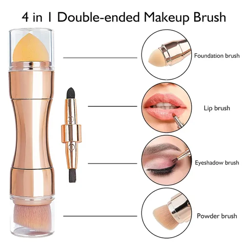 Vista 4 de Juego de brochas de maquillaje 4 en 1 de viaje, mini brocha de maquillaje de doble extremo, pluma, base, corrector de polvo, rubor, brochas