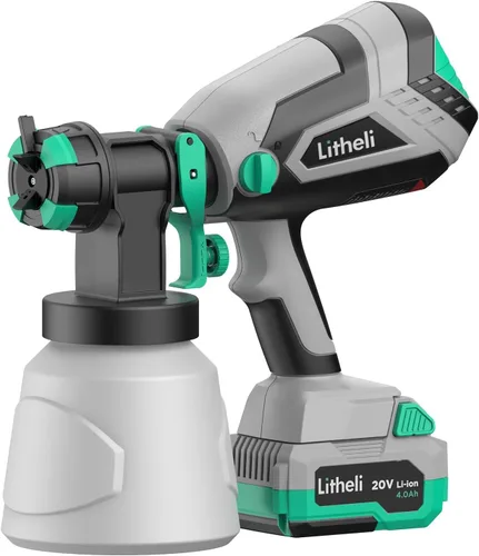 Vista 9 de Litheli HVLP - Pulverizador de pintura con motor sin escobillas, pistola de pintura inalámbrica de 20 V con batería de 4.0 Ah y cargador y 4