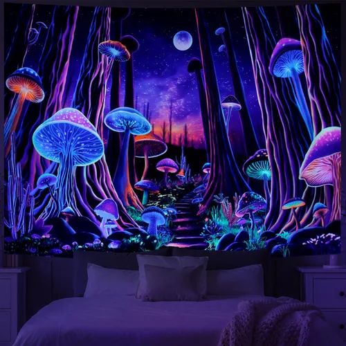 Vista 2 de Tushelia Tapiz de árbol de bosque de luz negra, tapiz de hongos de neón de fantasía, tapiz espacial reactivo a los rayos UV, tapiz espacial