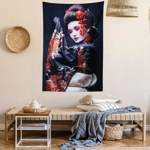 Vista 6 de Lunarable Tapiz japonés, Geisha joven en kimono con maquillaje oriental tradicional de Sakura, decoración de tela para colgar en la pared