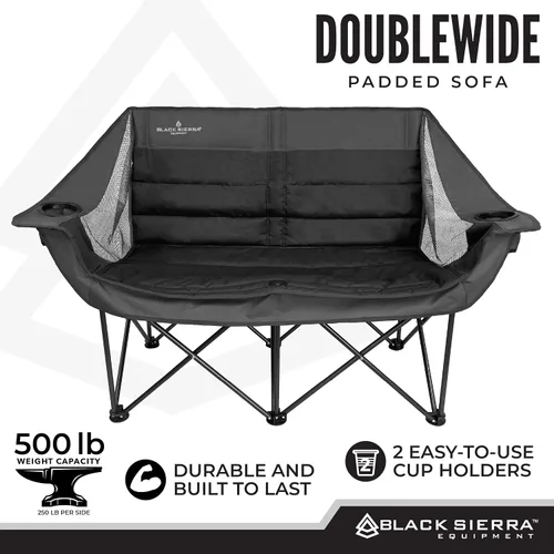 Vista 8 de Black Sierra - Silla de campamento plegable doble acolchada, sofá de campamento plegable de gran tamaño, sofá biplaza portátil para exteriores