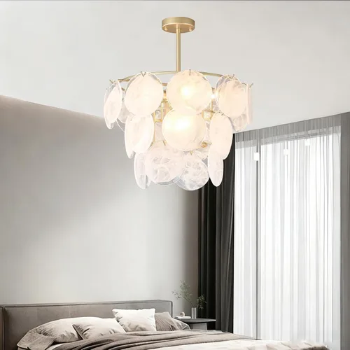 Vista 5 de Candelabros dorados modernos de cristal semiempotrados para techo para comedor, lámpara redonda de cristal de 19.7 pulgadas, lámpara colgante