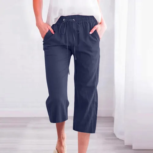 Vista 3 de WKSCLPAI Pantalones capri para mujer, casuales, de verano, talla grande, de lino, cintura alta, con cordón, pantalones cortos con bolsillos