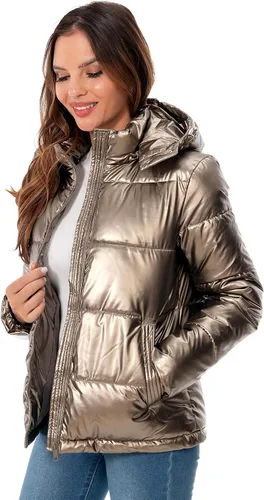 Vista 2 de Chaqueta de invierno con capucha para mujer, casual, cálida, acolchada, con cremallera completa, corta con relleno de burbujas