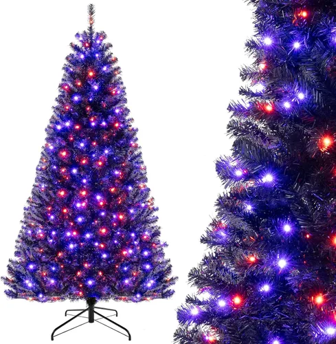 Vista 27 de HAPPYGRILL - Árbol de Navidad artificial preiluminado de 2.1 m, árbol de Navidad con nieve flocada y 320 luces LED multicolor, 8 modos de Snow Pe