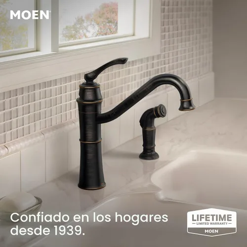 Vista 2 de Moen Wetherly 87999BRB - Grifo de cocina de arco alto de bronce mediterráneo con rociador lateral, 87999BRB